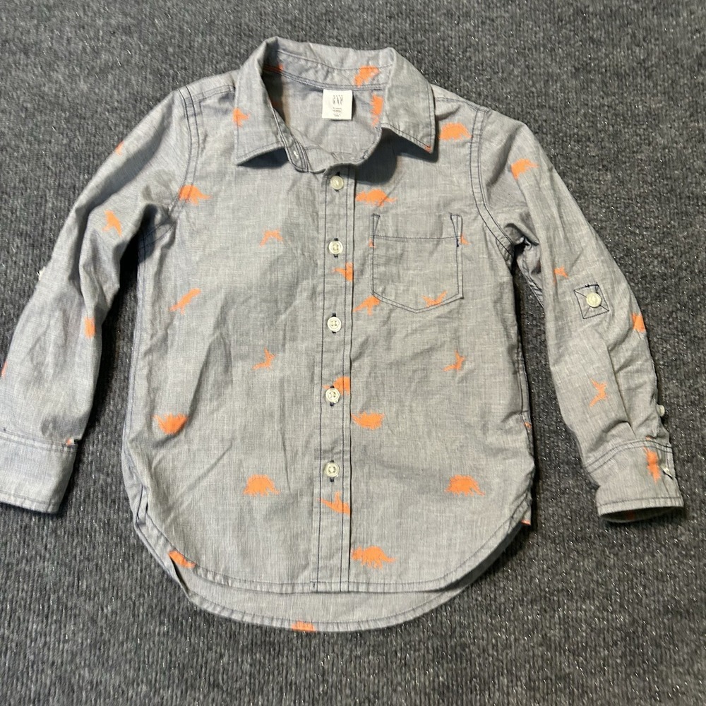 Baby Gap Shirt Boys Size 4T Long Sleeve Button Up Dinosaurs Roll Tab Sleeves